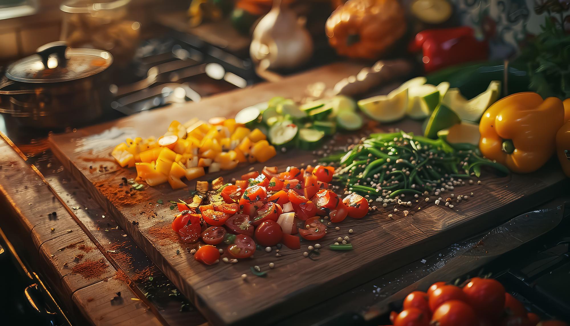 kitchen prep with colorful ingredients on wooden table