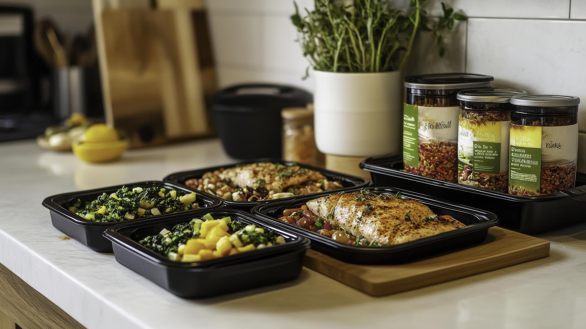 stack of meal prep boxes on counter